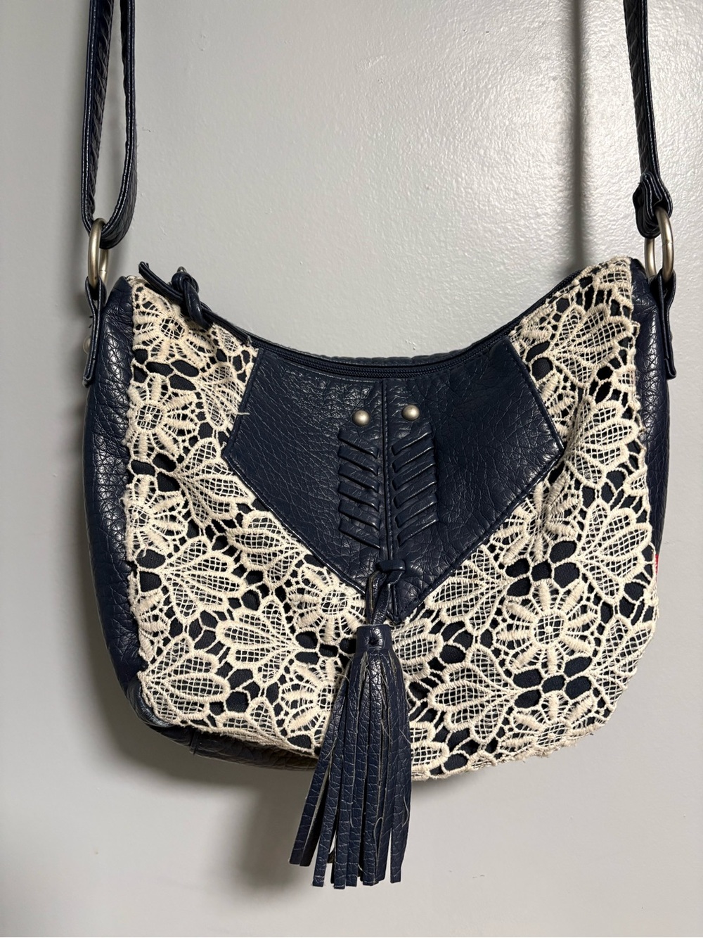 Unionbay Vintage Y2K Boho Lace Faux Leather Shoulder Bag Navy Boho Coquette